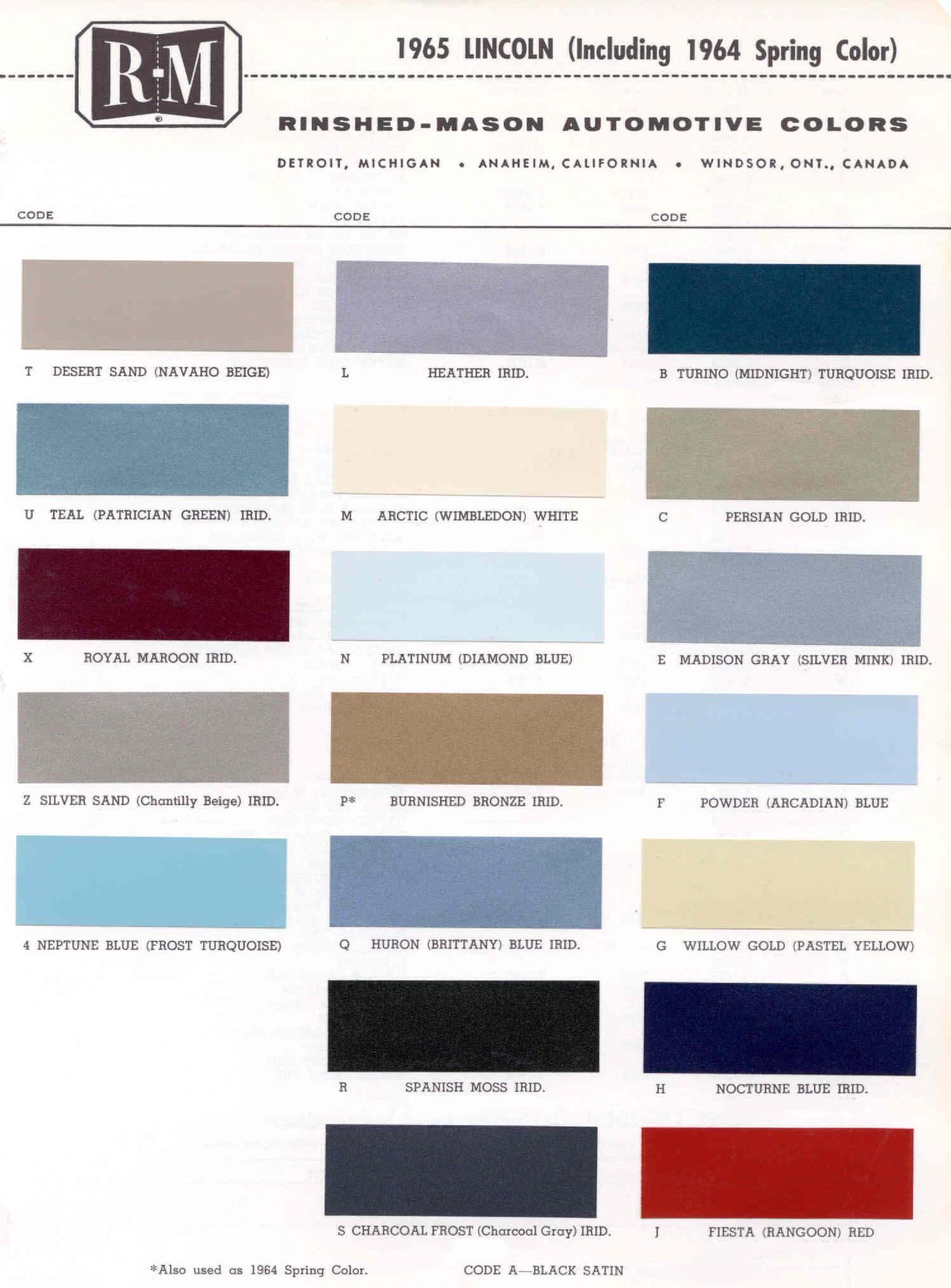 1965 Lincoln Paint Codes & Color Chart Paint Colors used on the Exterior of Lincoln