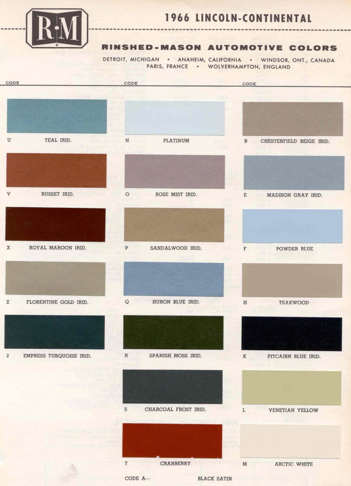 1966 Lincoln Paint Codes & Color Chart Paint Colors used on the Exterior of Lincoln