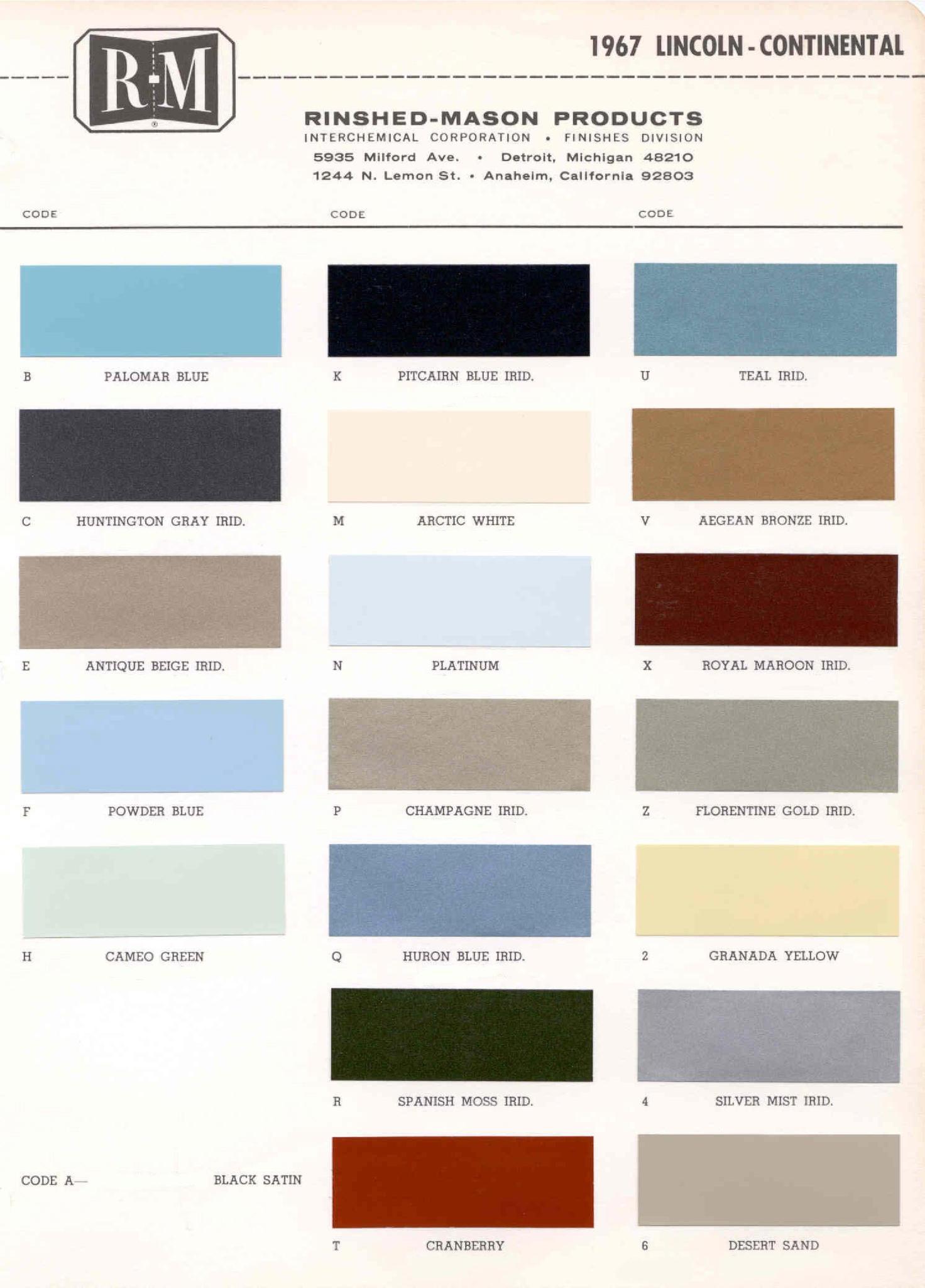 1967 Lincoln Paint Codes & Color Chart Paint Colors used on the Exterior of Lincoln