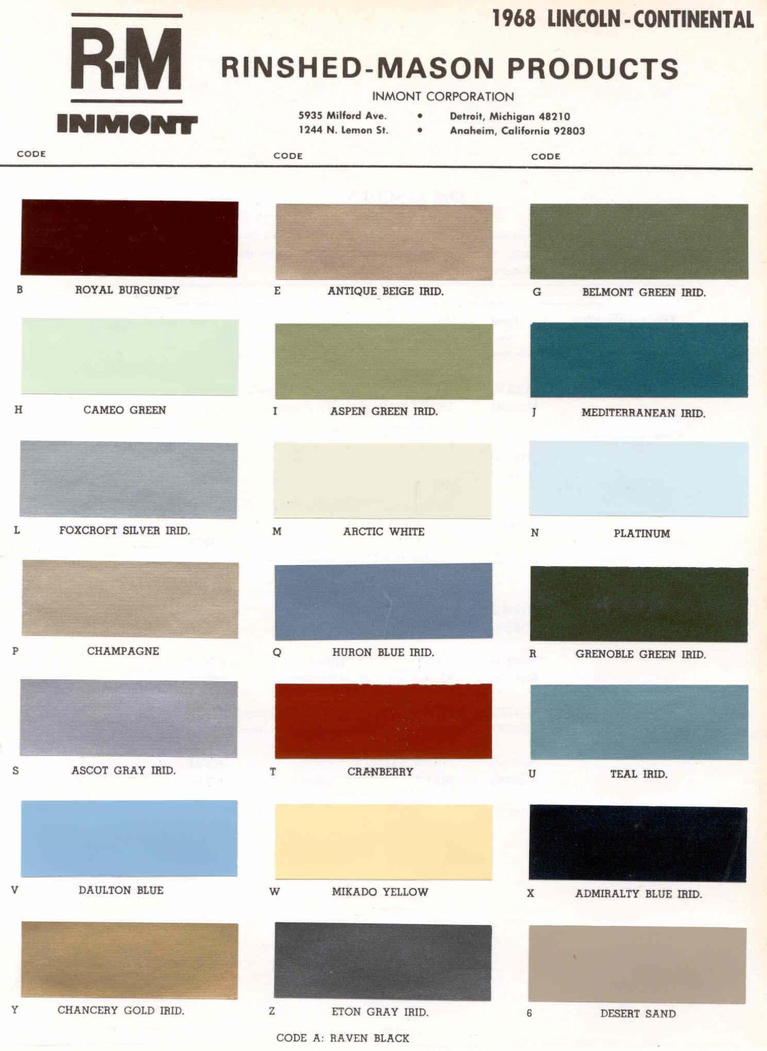 1968 Lincoln Paint Codes & Color Chart Paint Colors used on the Exterior of Lincoln