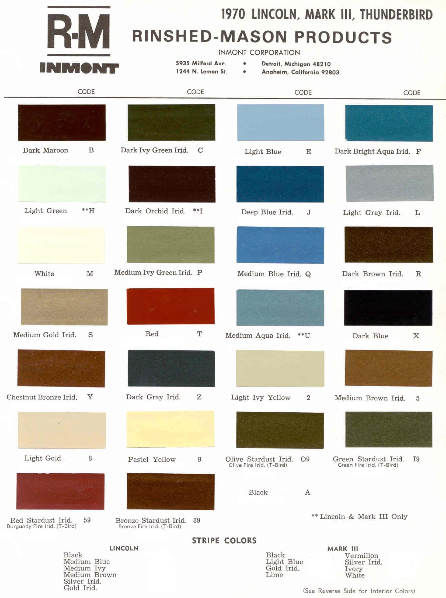 1970 Lincoln Paint Codes & Color Chart Paint Colors used on the Exterior of Lincoln