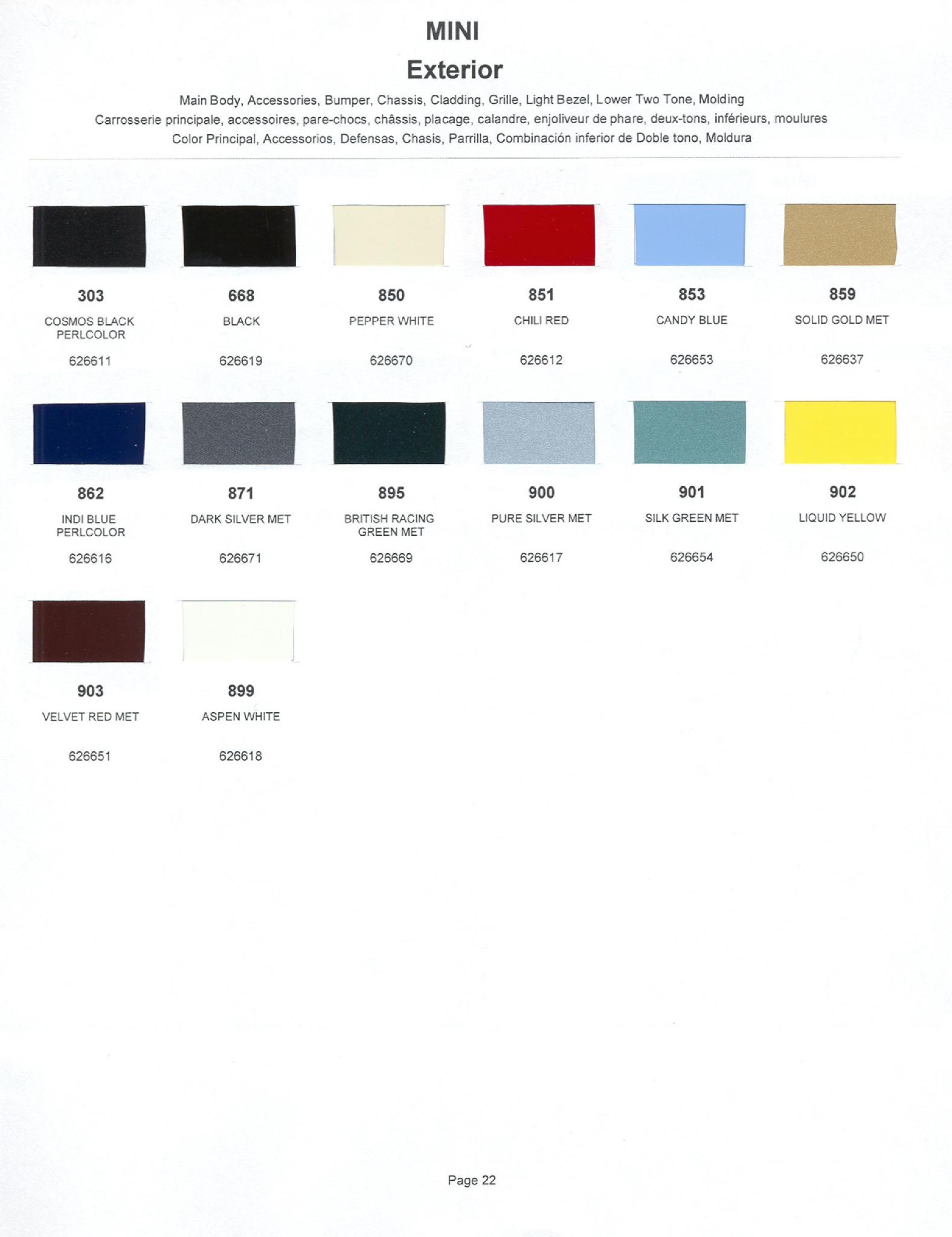 2002 Mini Paint Chart Paint Color examples with their exterior color code