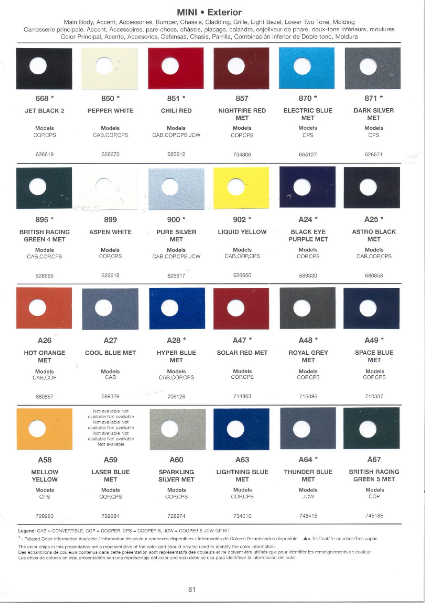 Paint Color examples with their exterior color code