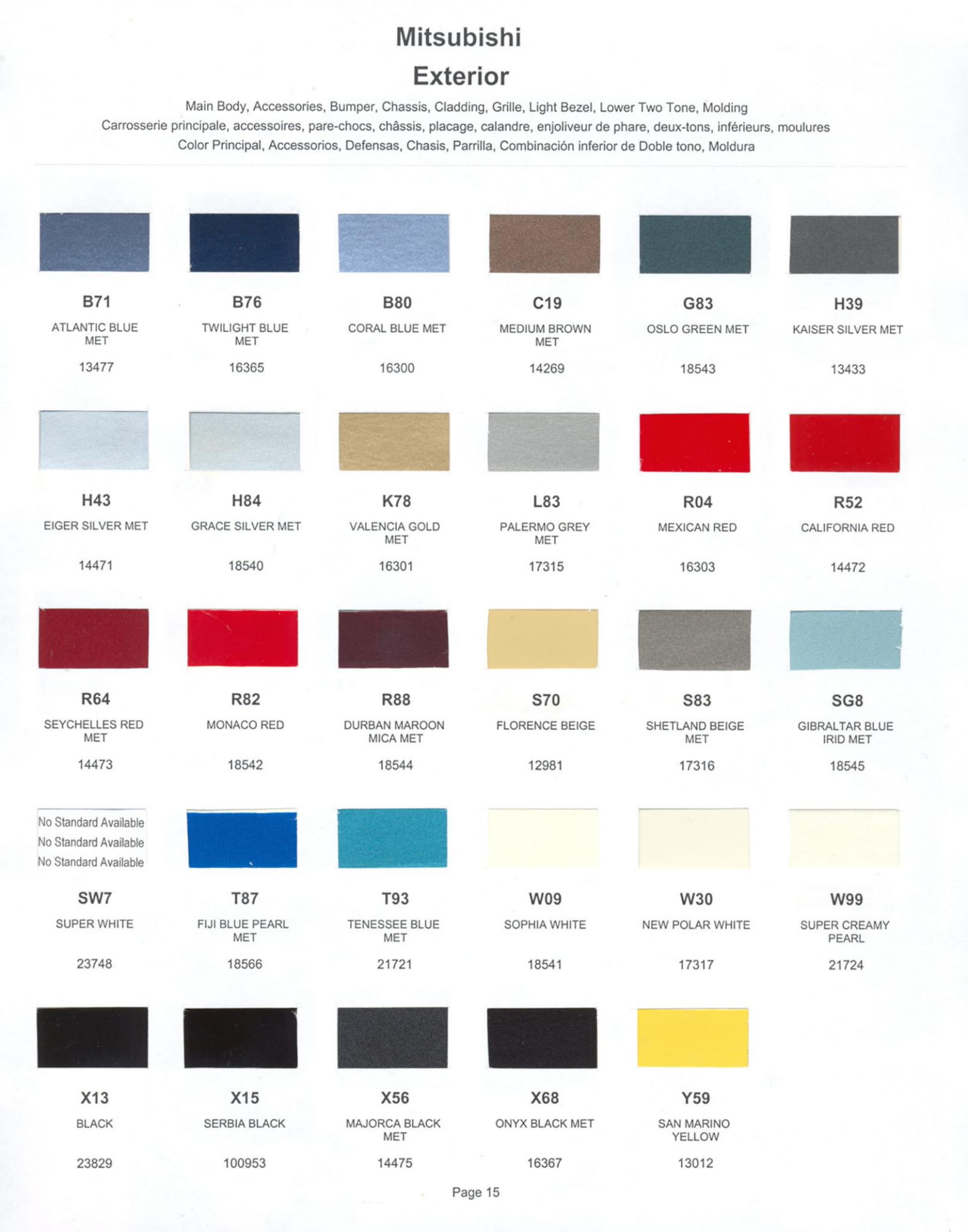 A paint code chart displaying various color swatches and corresponding codes. This chart is used to identify and select specific paint colors for mixing paint and or buying paint for your Mitsubishi vehicle. There are only so many paints used every year. This chart helps you decide what color it is.  