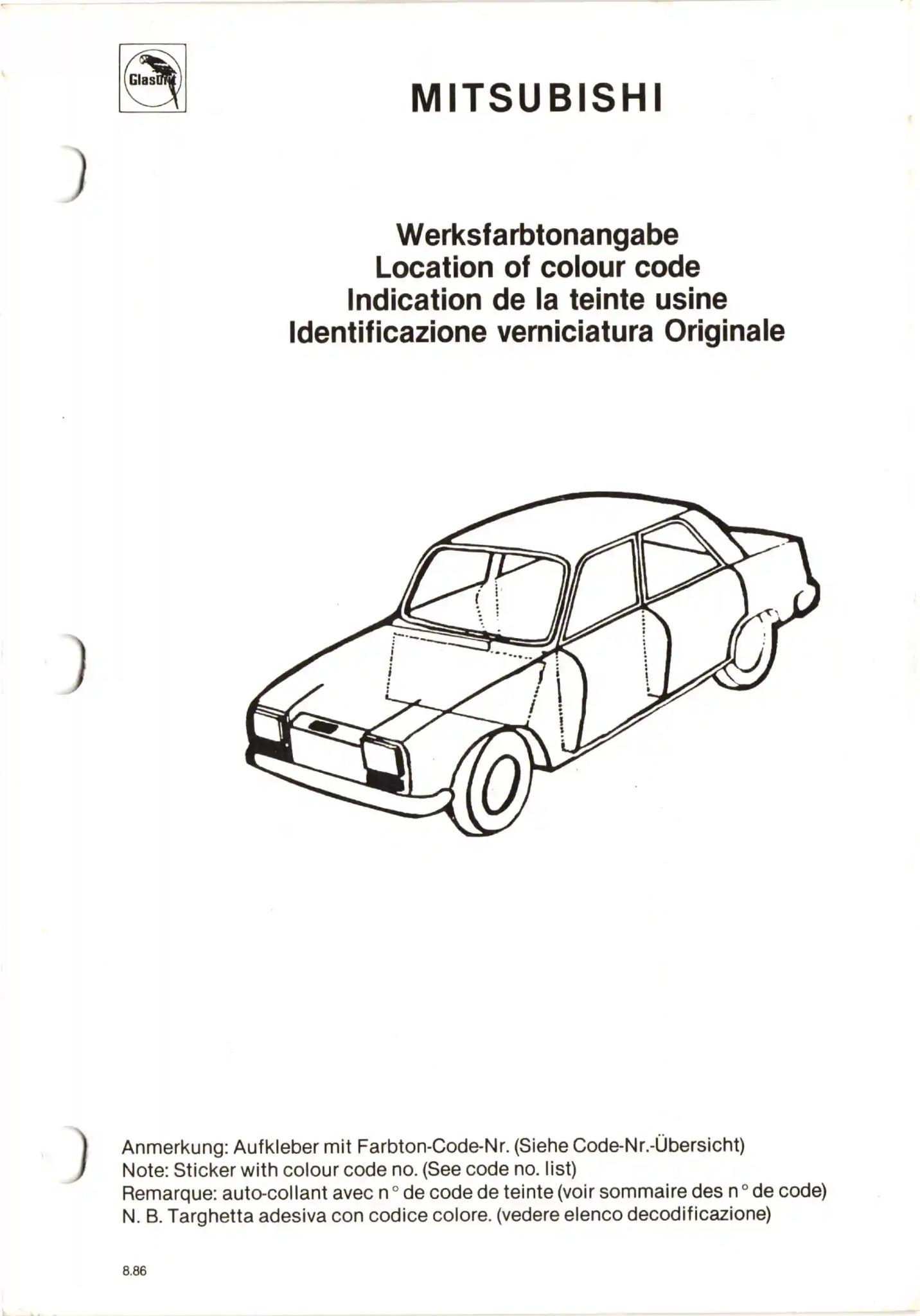 Glasurit Paint Chart of Mitsubishi Colors from 1975 to 1989.  Look up paint codes for historic vehicles.