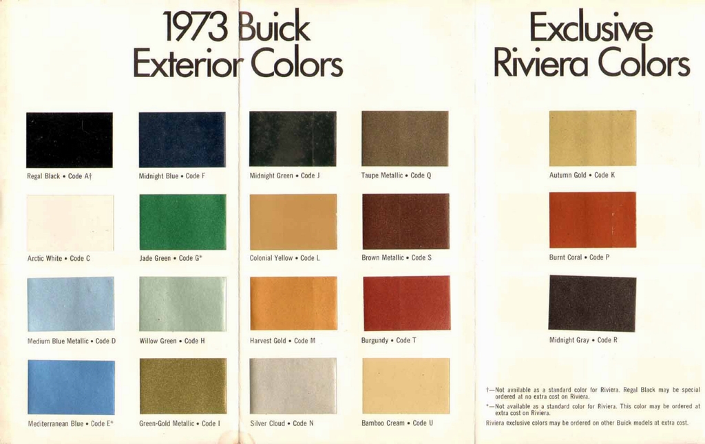 1973 Buick All Model Paint Color Code Chart Buick color chart that contains color codes and paint swatches for the exterior color of a Buick vehicle.