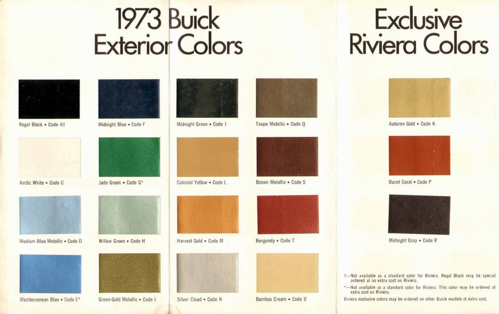 Buick color chart that contains color codes and paint swatches for the exterior color of a Buick vehicle.