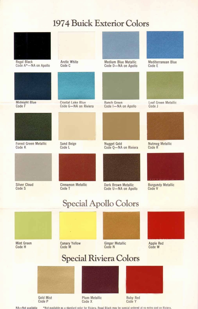 1974 Buick All Model Paint Color Code Chart Buick color chart that contains color codes and paint swatches for the exterior color of a Buick vehicle.