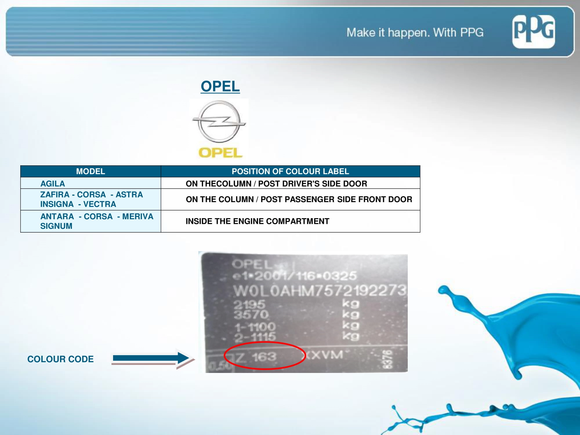 Picture showing how to look up a paint code on the vehicle or how to find the paint code sticker