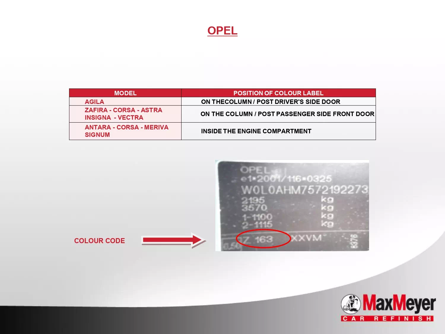 Picture showing how to look up a paint code on the vehicle or how to find the paint code sticker