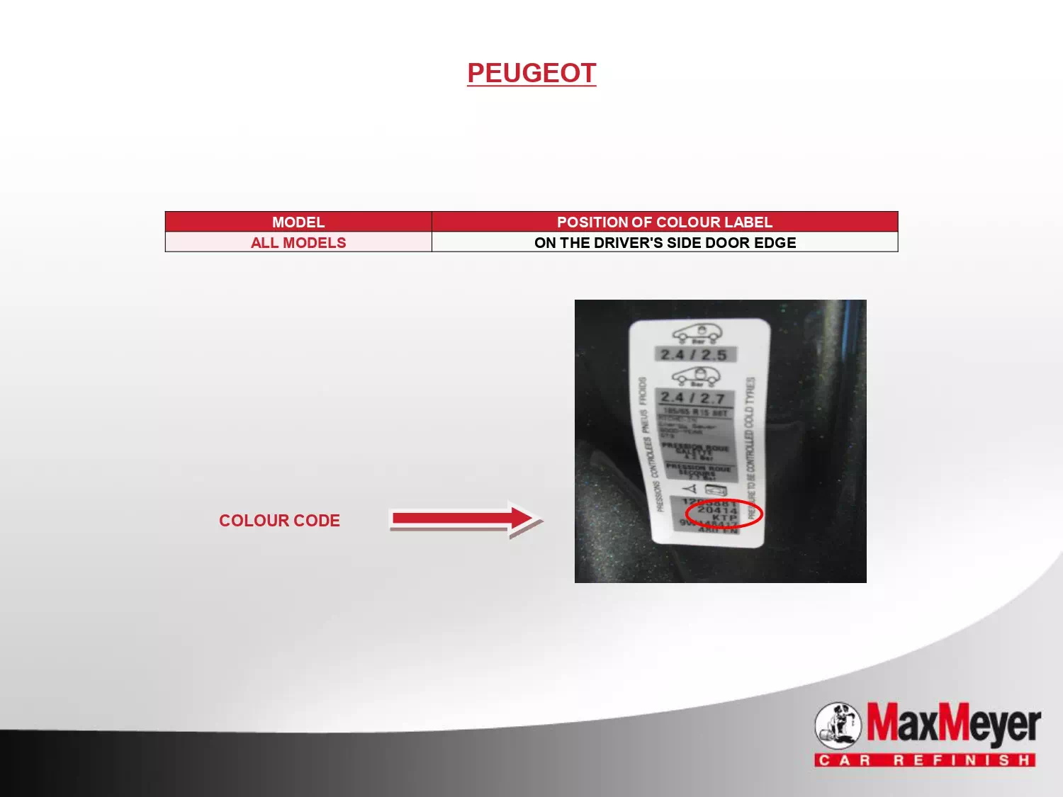 Picture showing how to look up a paint code on the vehicle or how to find the paint code sticker