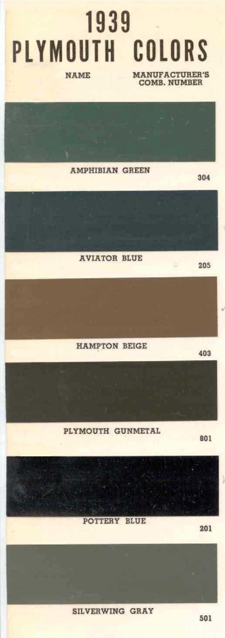 1939 Plymouth Colors and Codes Plymouth Paint Color Code Chart