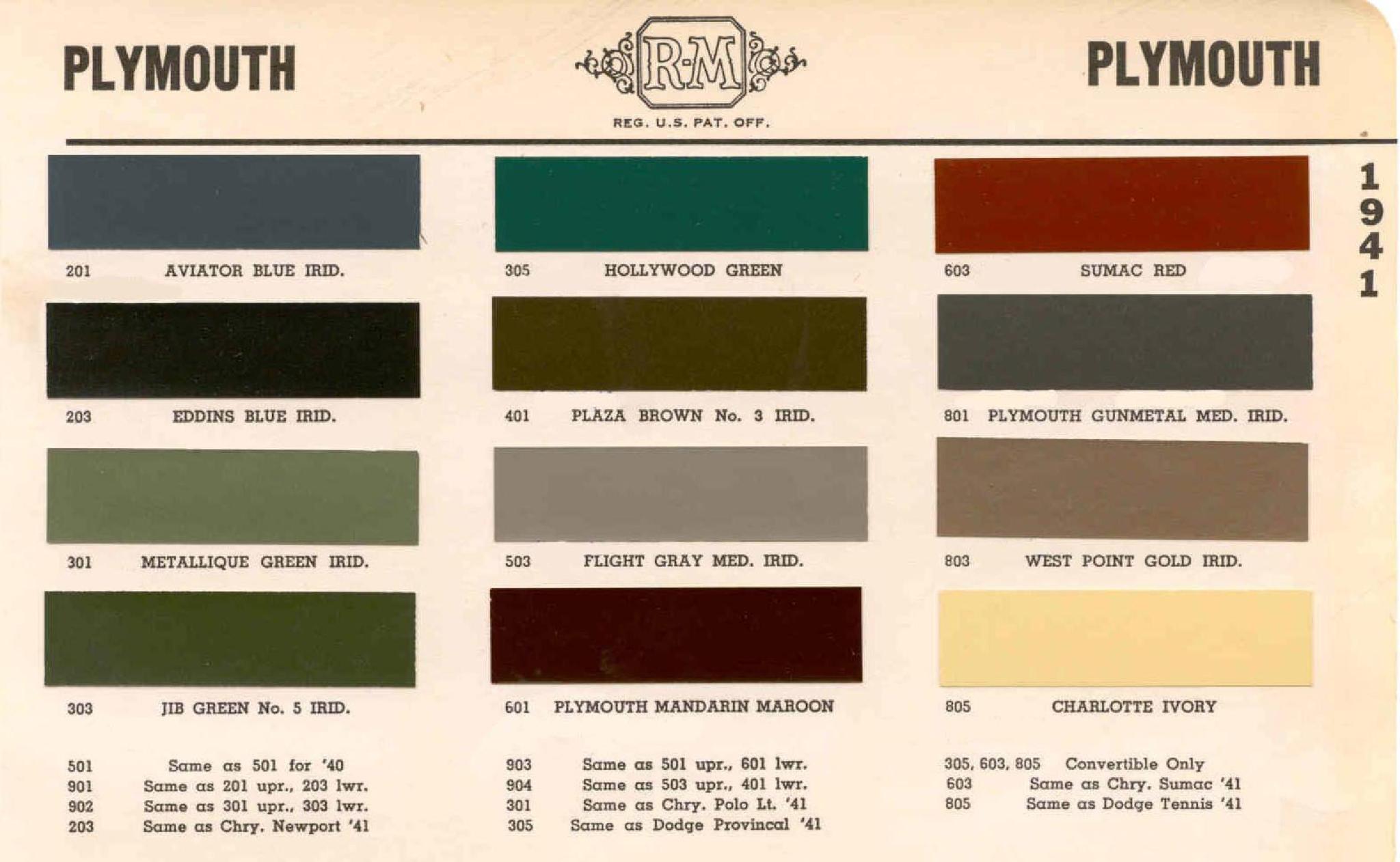 1941 Plymouth Colors and Codes Plymouth Paint Color Code Chart