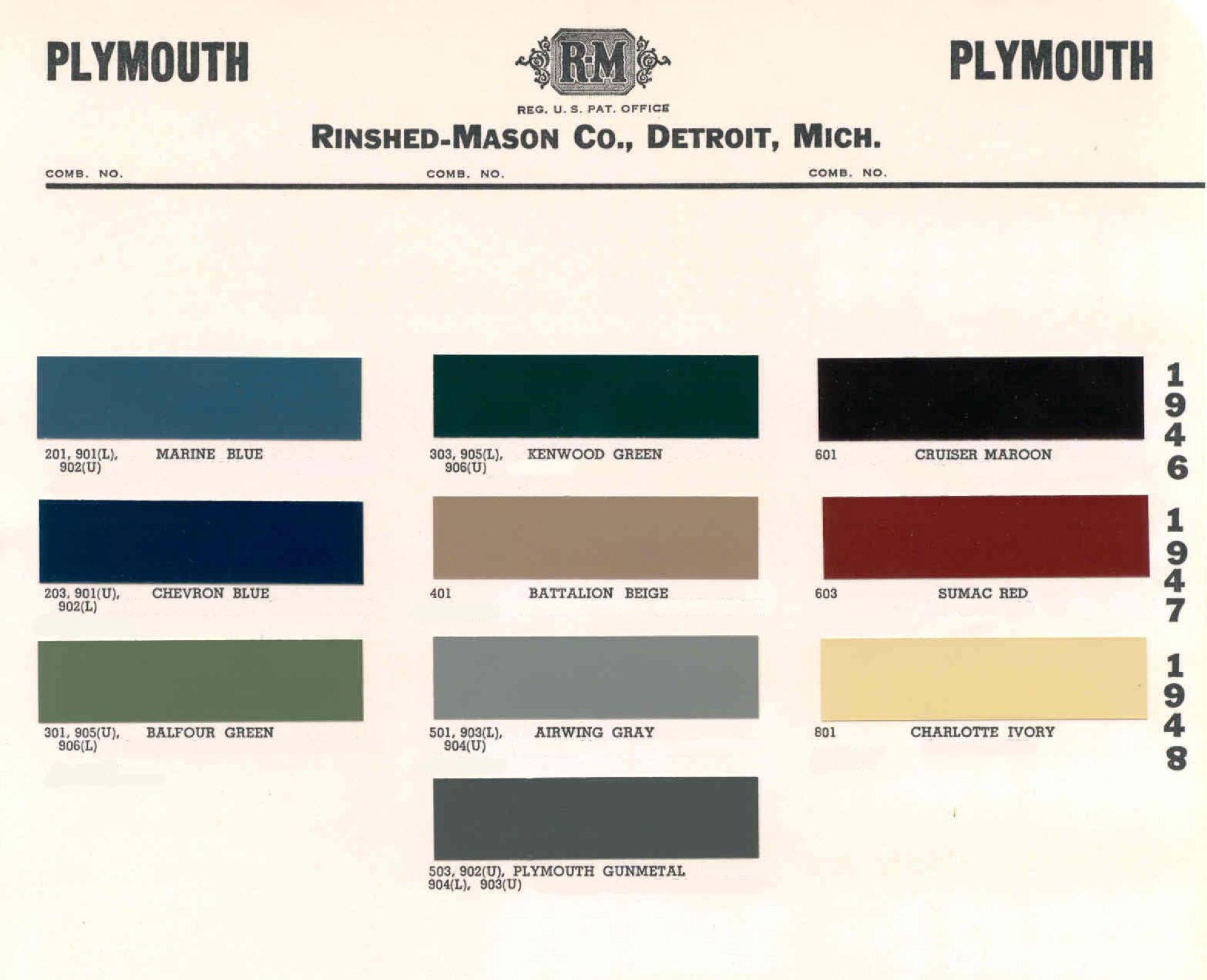 1946, 1947, 1948 Color Codes Plymouth Paint Color Code Chart