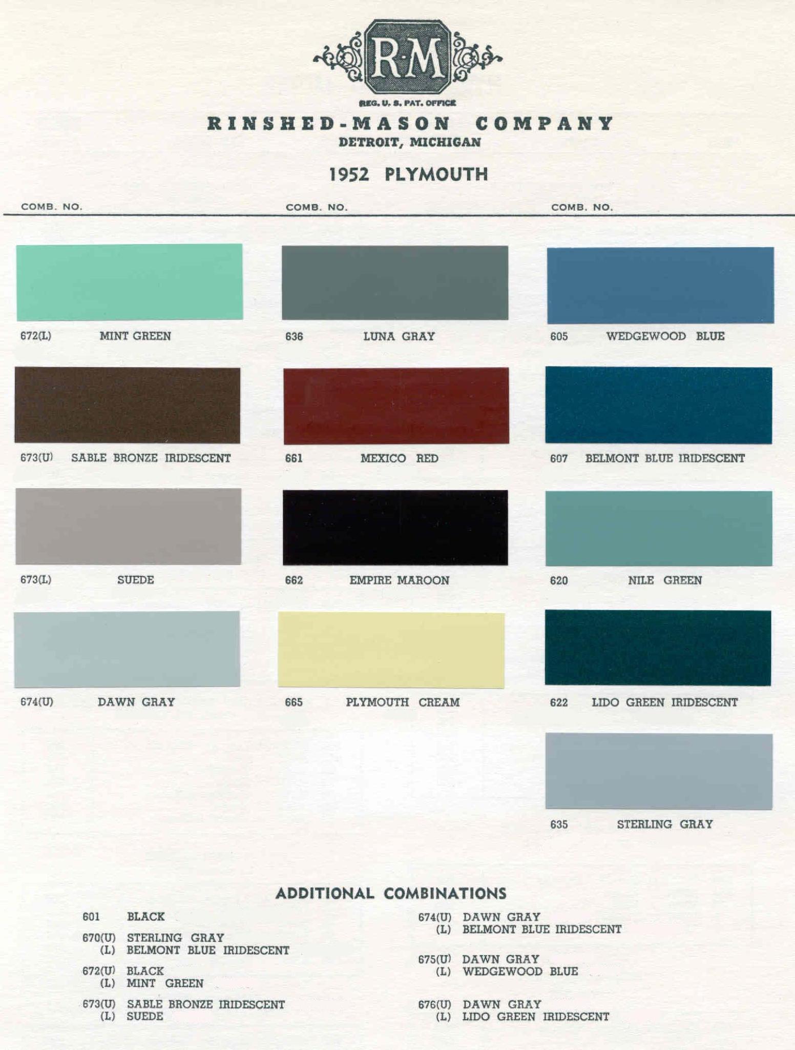 1952 Plymouth Colors and Codes Plymouth Paint Color Code Chart