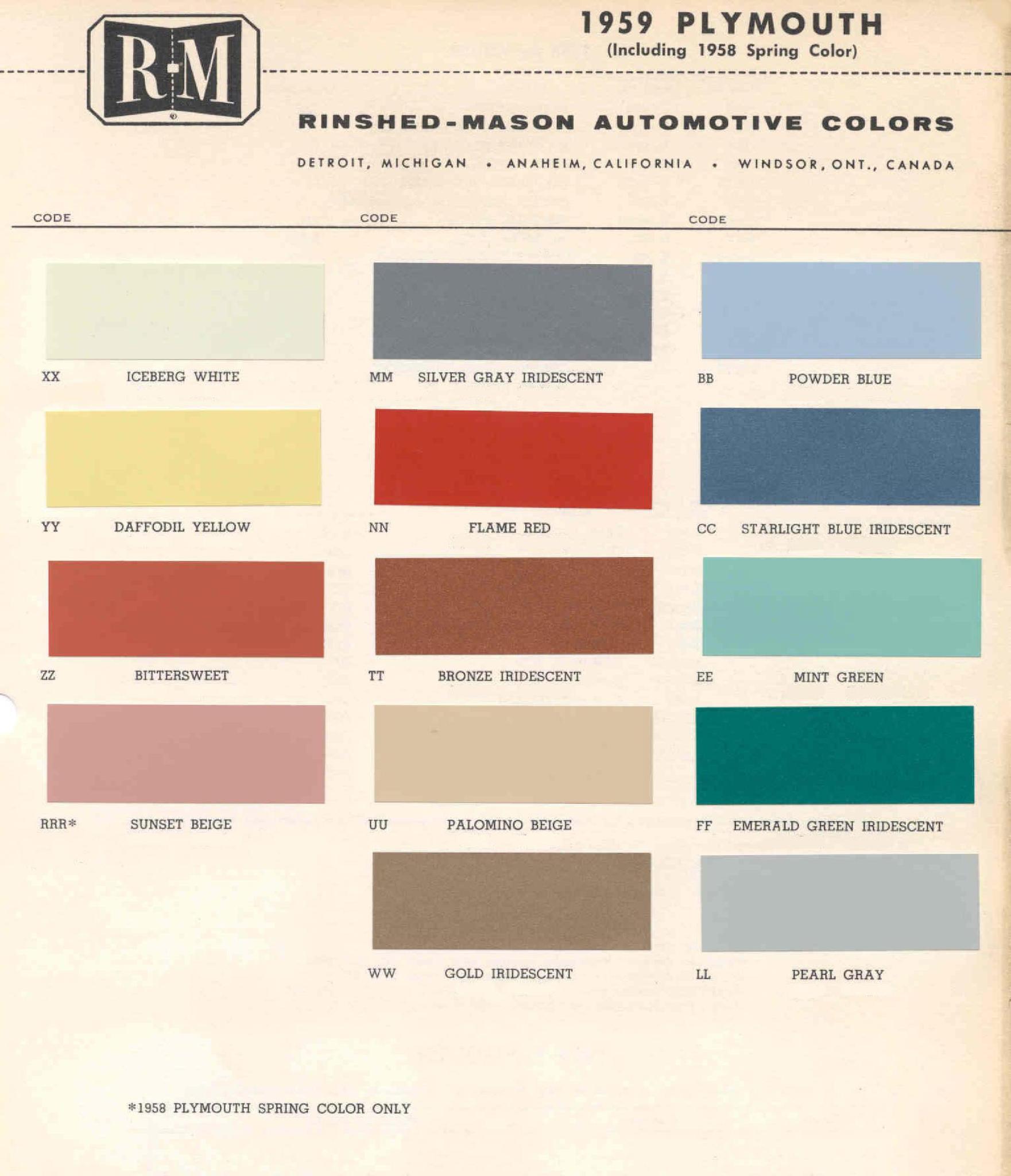 1959 Plymouth Colors and Codes Plymouth Paint Color Code Chart