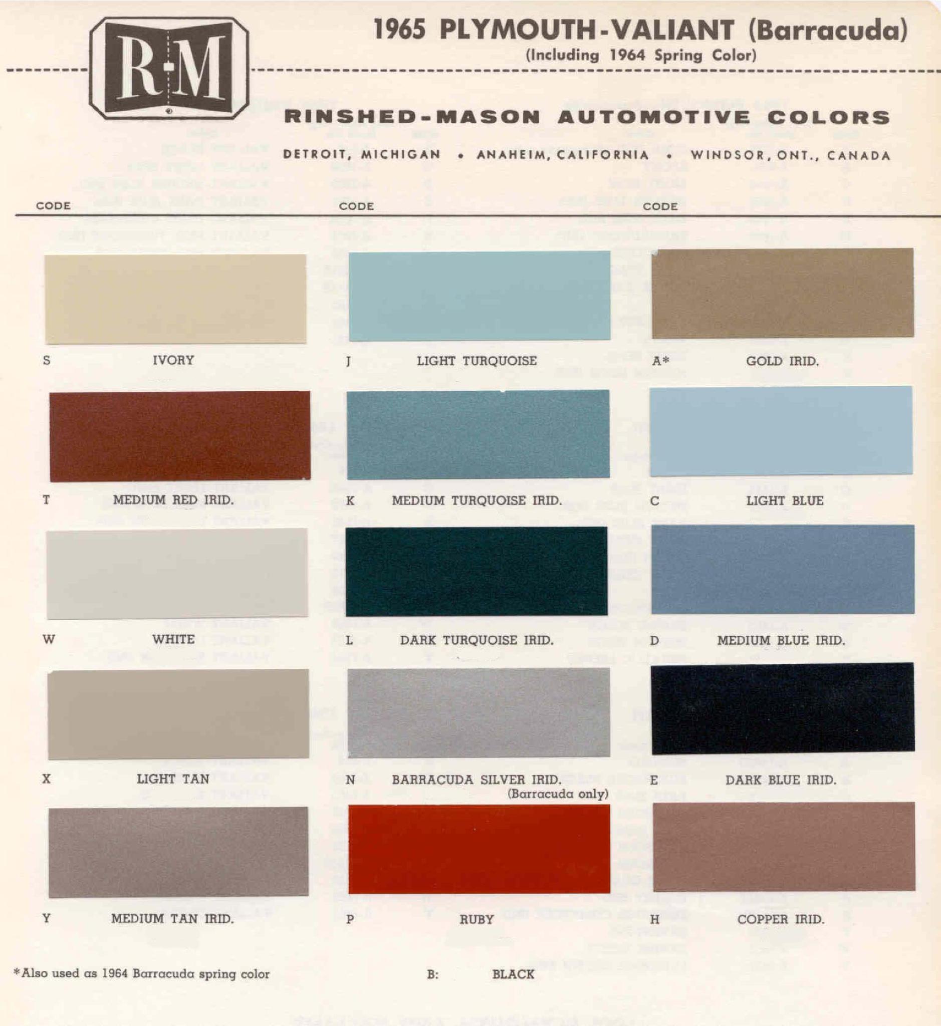 1965 Plymouth Colors and Codes Plymouth Paint Color Code Chart