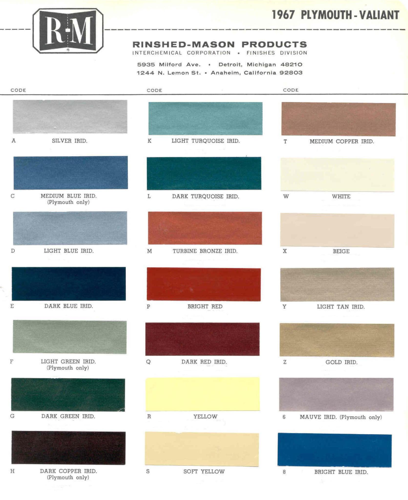 1967 Plymouth Colors and Codes Plymouth Paint Color Code Chart