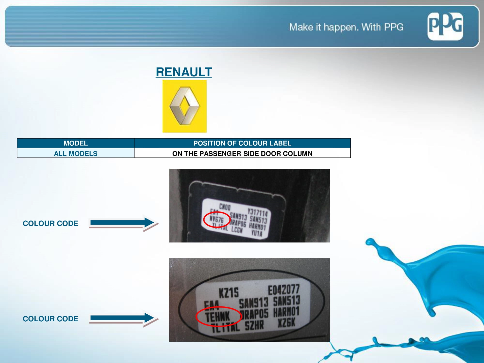 Picture showing how to look up a paint code on the vehicle or how to find the paint code sticker