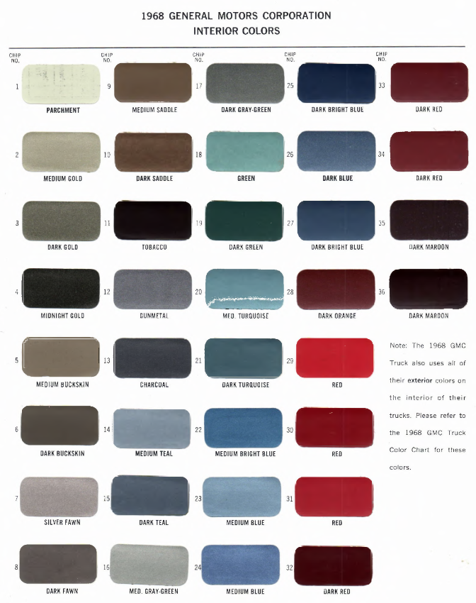 1968 GM interior Interior Color & Code Paint Chart