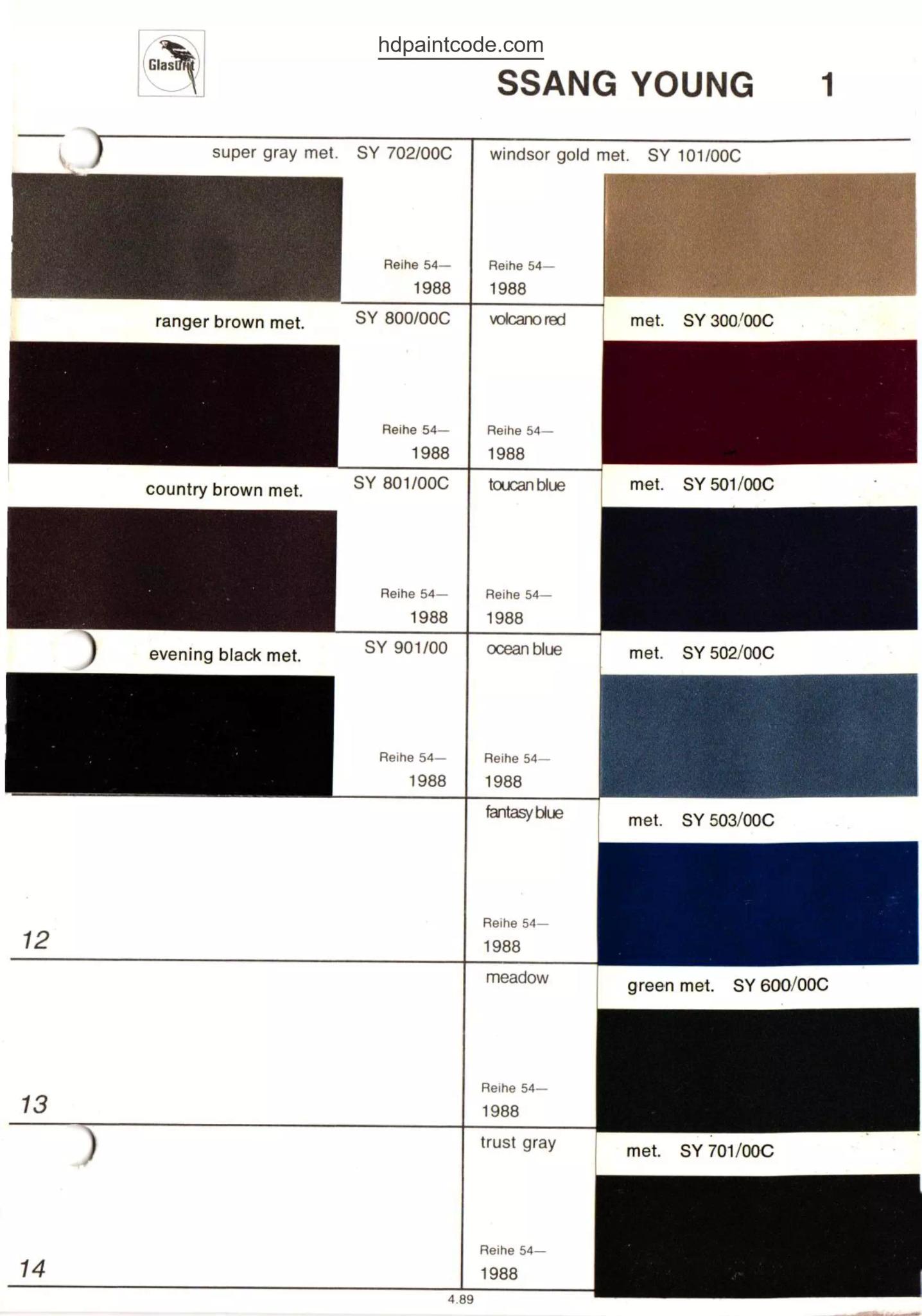 Paint Codes Color Chart and oem codes for Ssangyong exterior colors