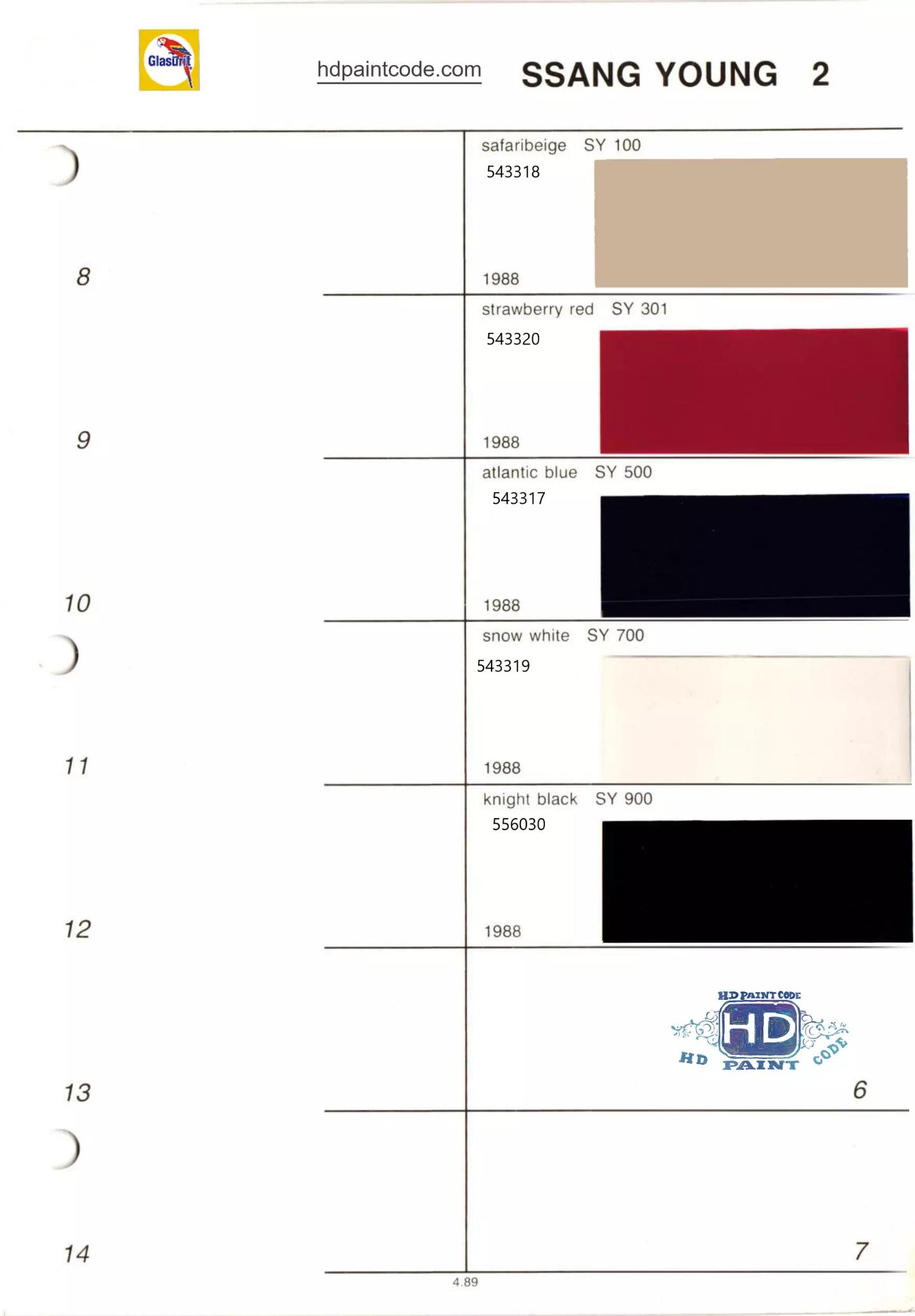 Paint Codes Color Chart and oem codes for Ssangyong exterior colors