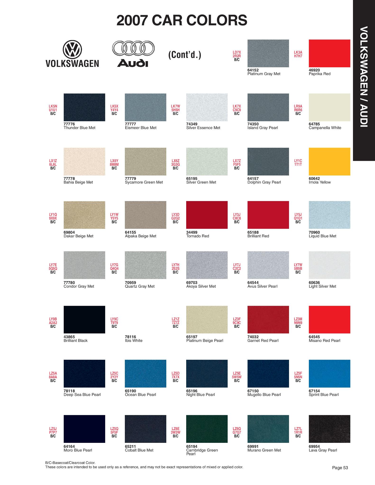 2007 Volkswagen and Audi Paint Code Color Chart