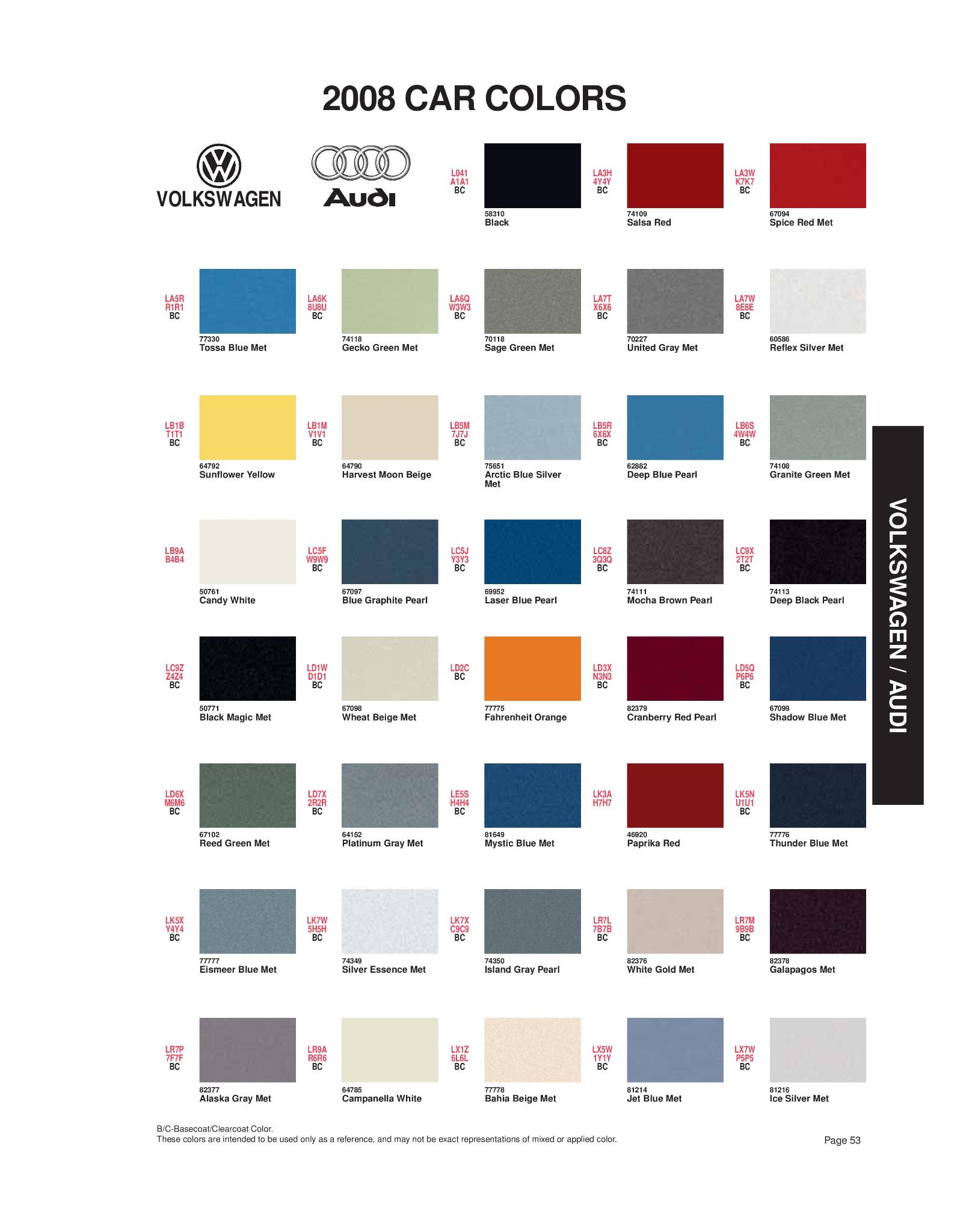 2008 Volkswagen and Audi Paint Code Color Chart