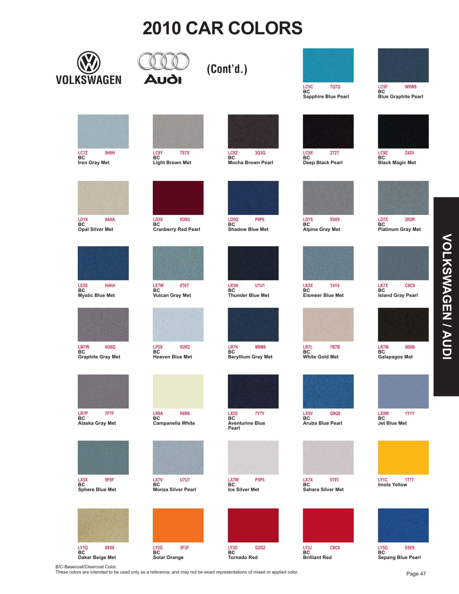 2010 Volkswagen and Audi Paint Code Color Chart