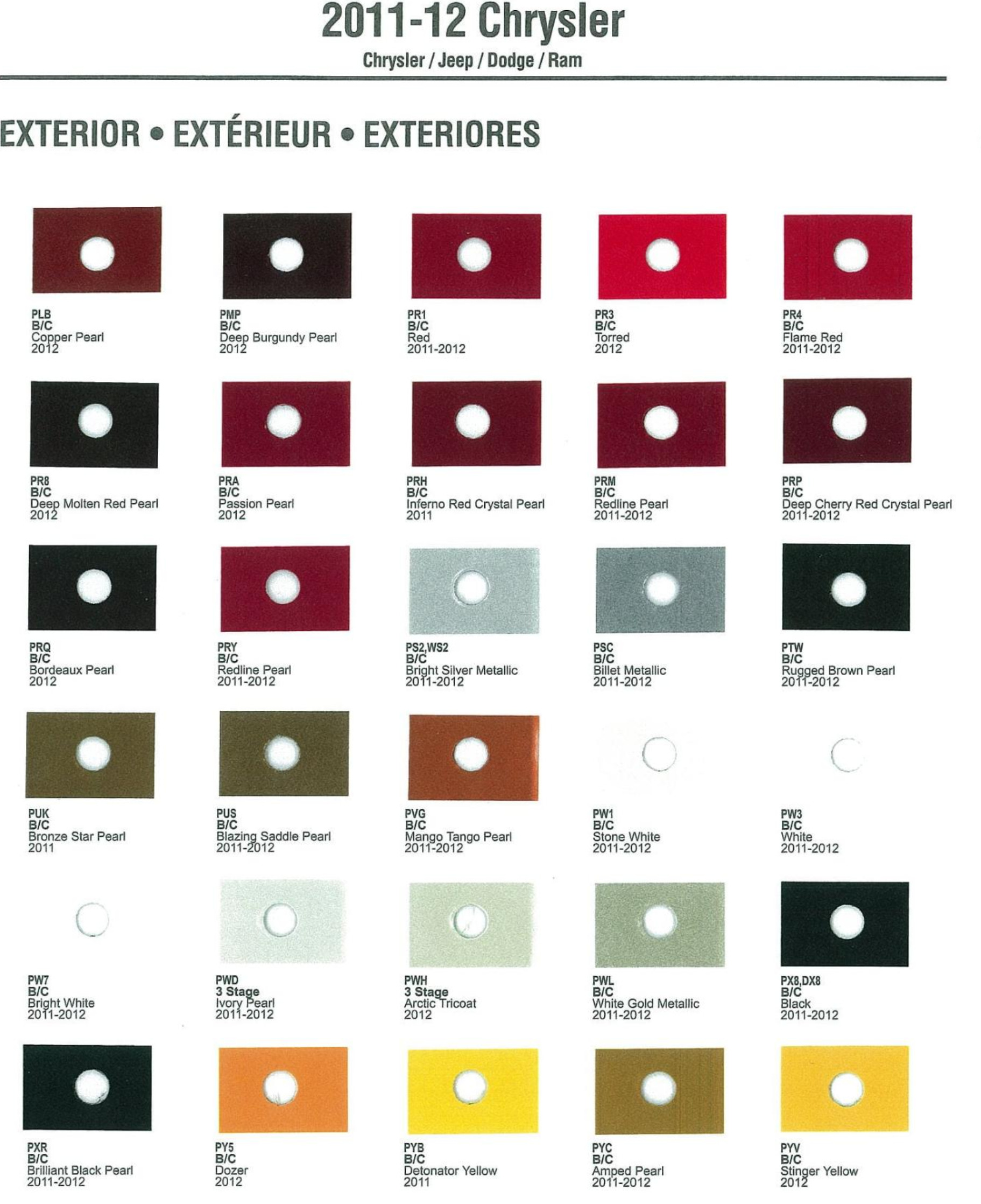 2011-2012 Chrysler All Model Exterior Color Code Paint Chart Chrysler Paint (Color) Code Chart For Exterior Vehicles