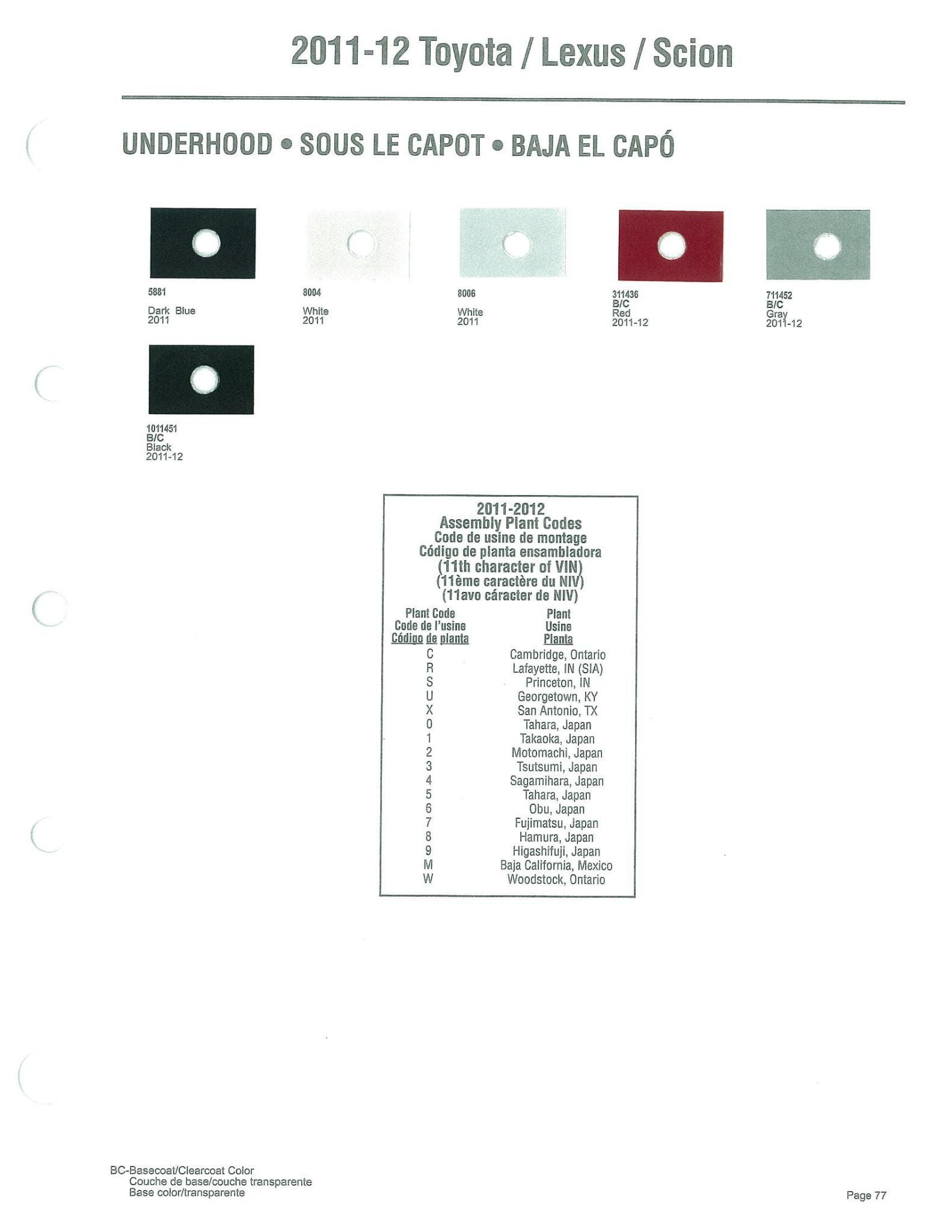 Toyoto / Lexus Paint Code and Color Chart