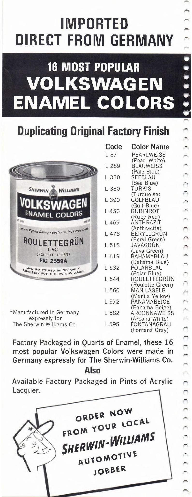 1966 Volkswagen and Audi Paint Code Color Chart