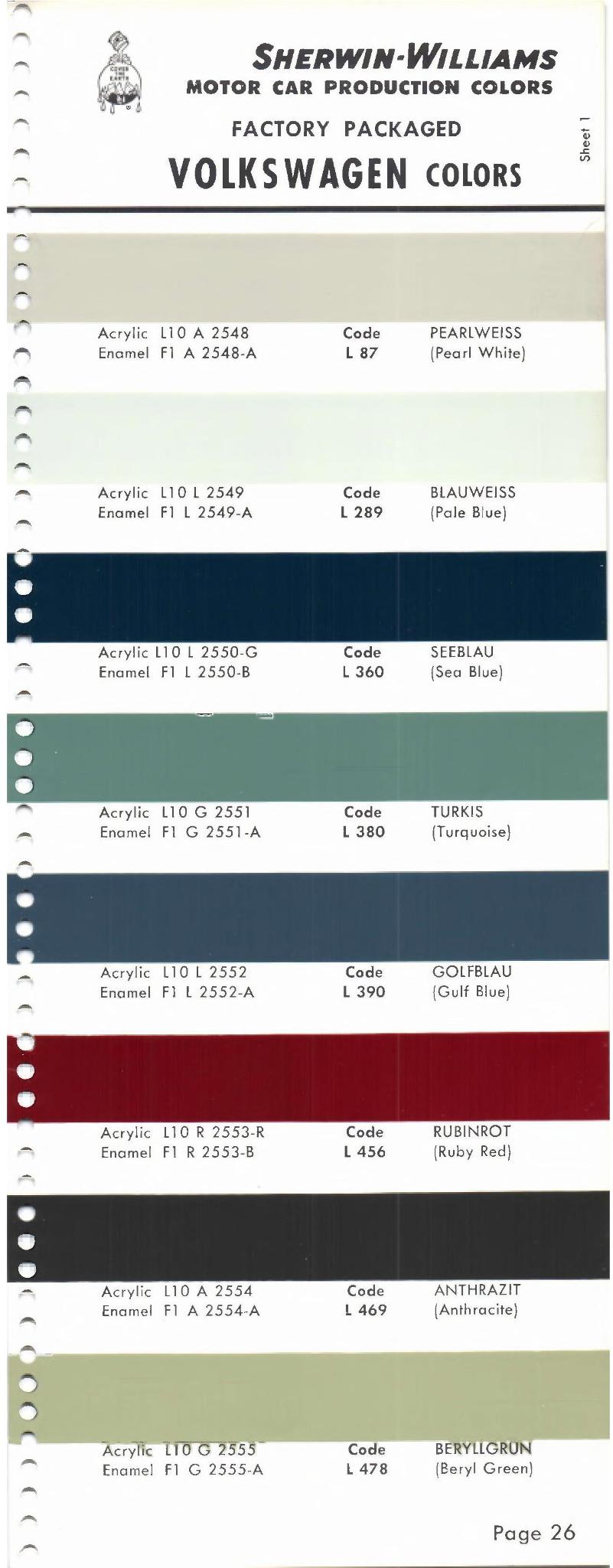 1966 Volkswagen and Audi Paint Code Color Chart