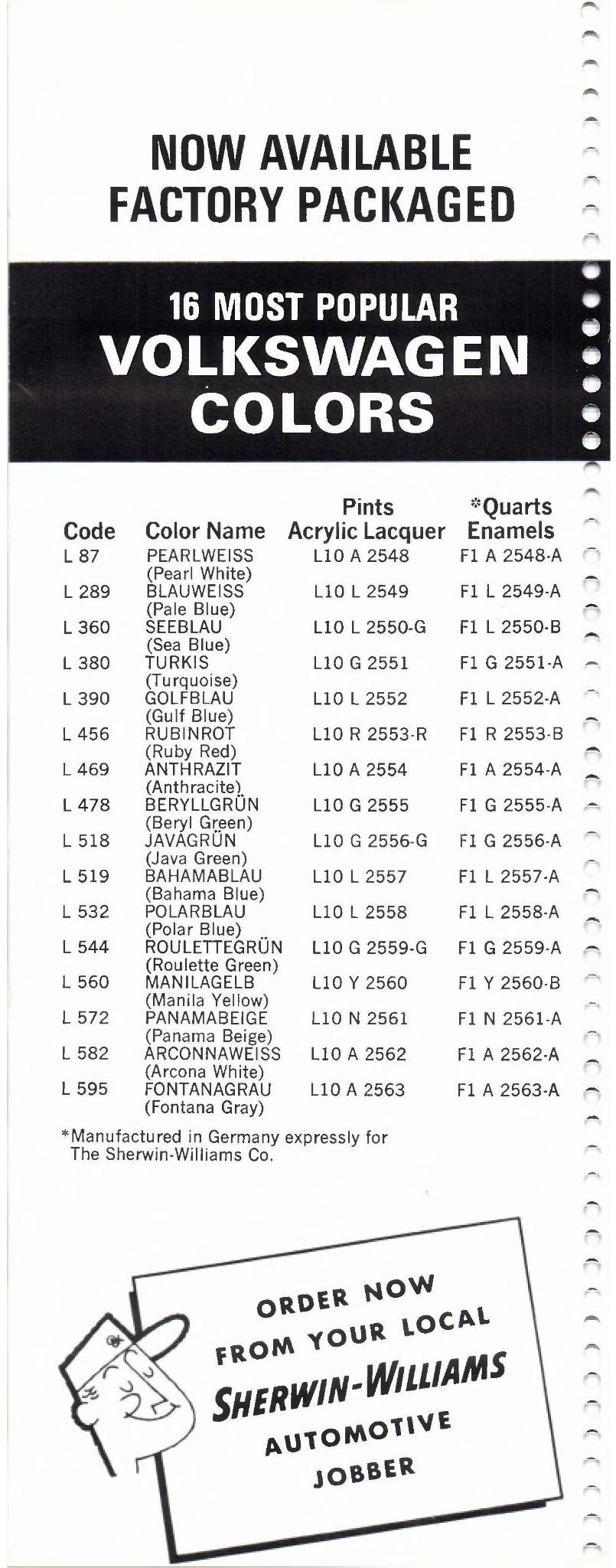1966 Volkswagen and Audi Paint Code Color Chart