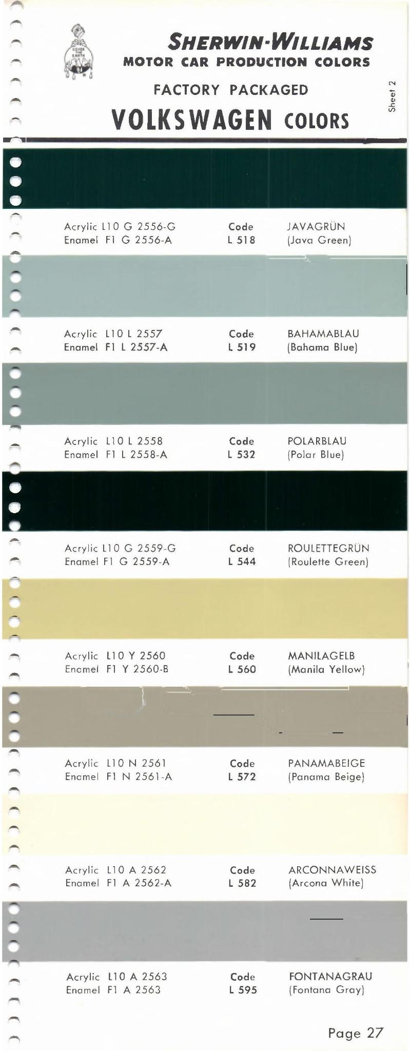 1966 Volkswagen and Audi Paint Code Color Chart