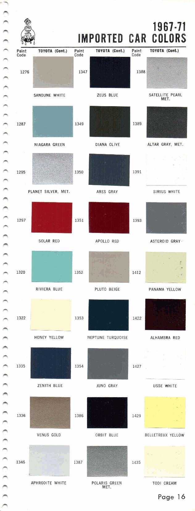 1967 - 1971 Sherwin Williams Toyota Paint Code Color Chart 1967, 1968, 1969, 1970, 1971 Toyota, Paint, Code, Color Chart
