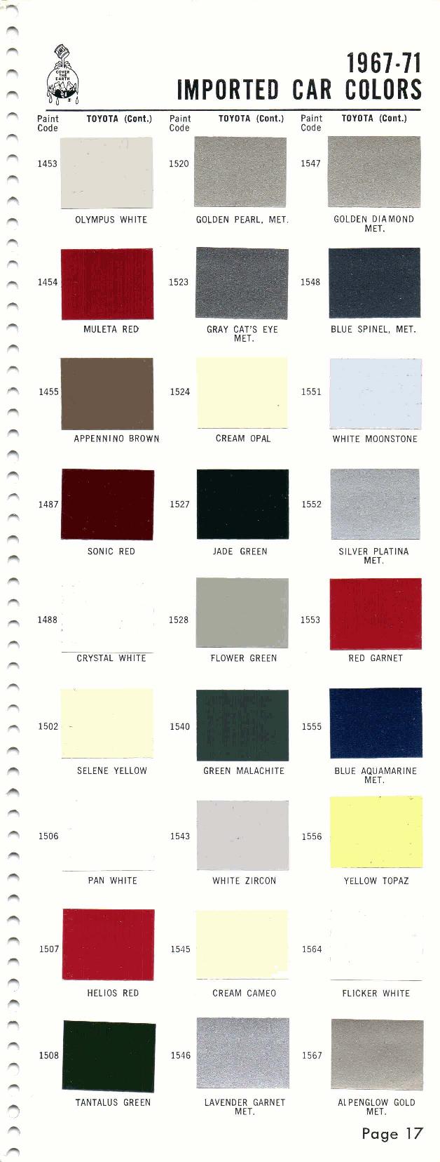 1967 - 1971 Sherwin Williams Toyota Paint Code Color Chart 1967, 1968, 1969, 1970, 1971 Toyota, Paint, Code, Color Chart