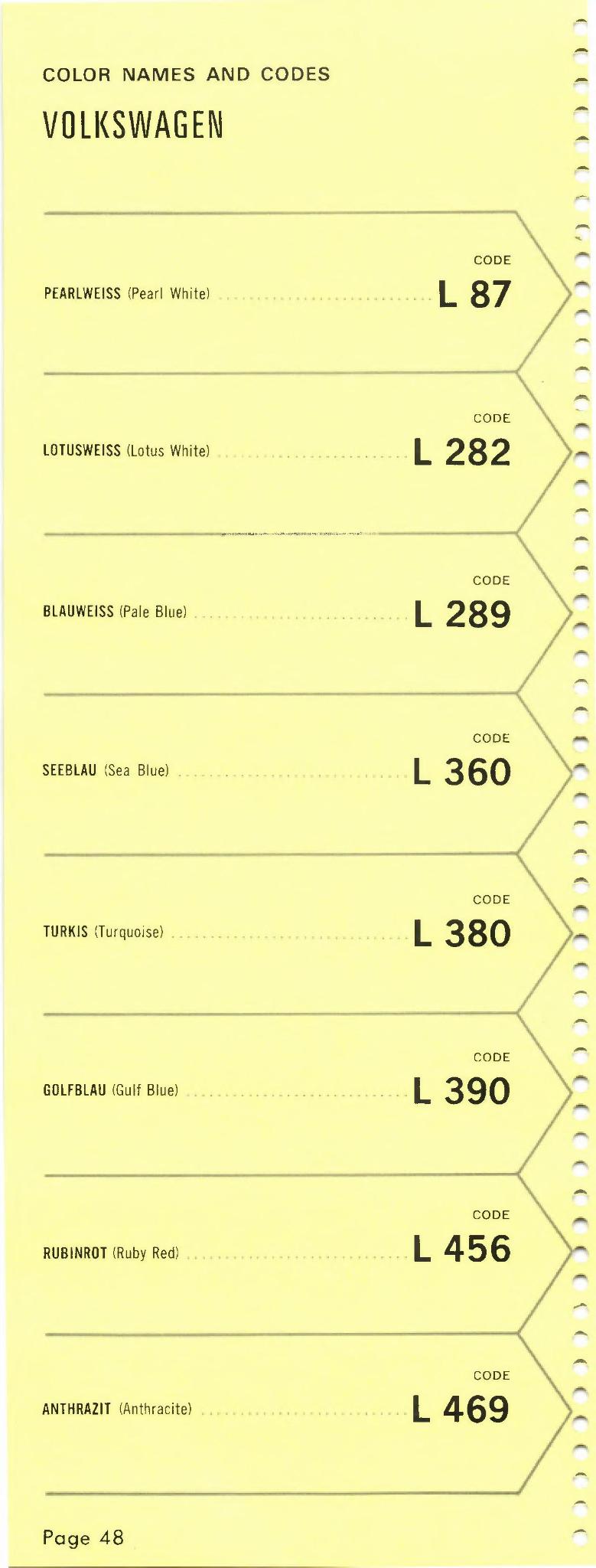 1968 Volkswagen and Audi Paint Code Color Chart
