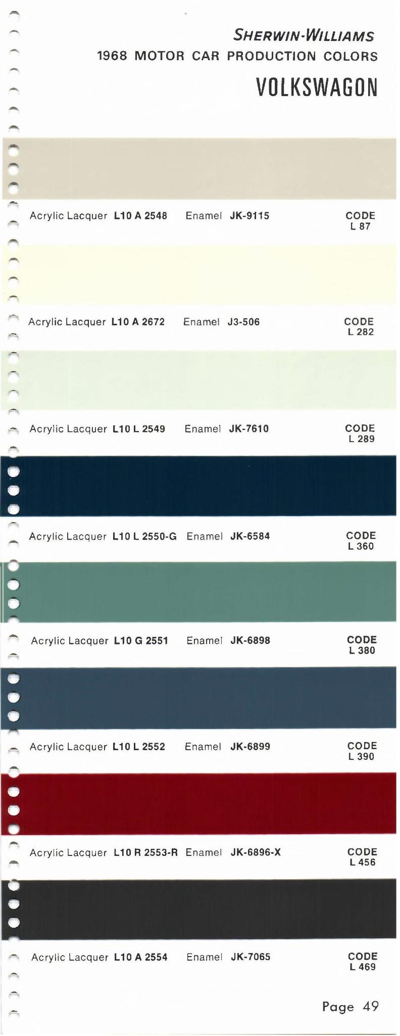 1968 Volkswagen and Audi Paint Code Color Chart