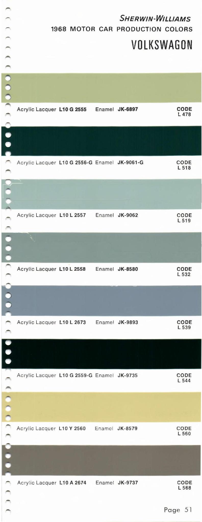 1968 Volkswagen and Audi Paint Code Color Chart