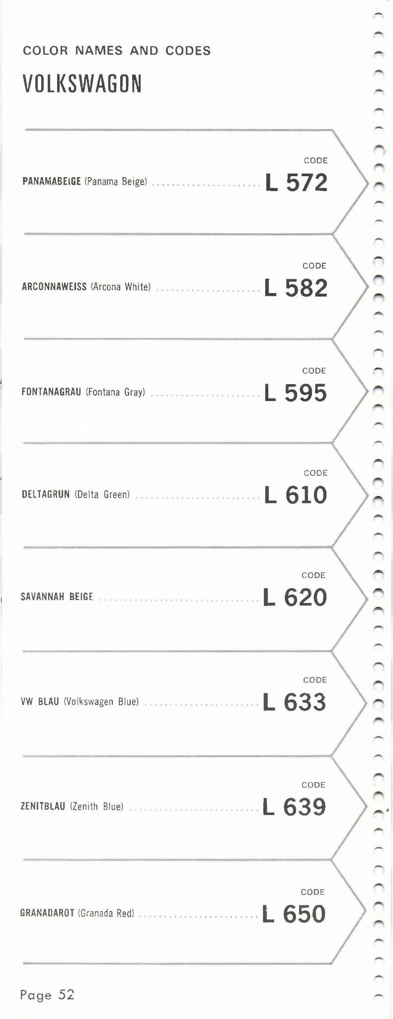 1968 Volkswagen and Audi Paint Code Color Chart