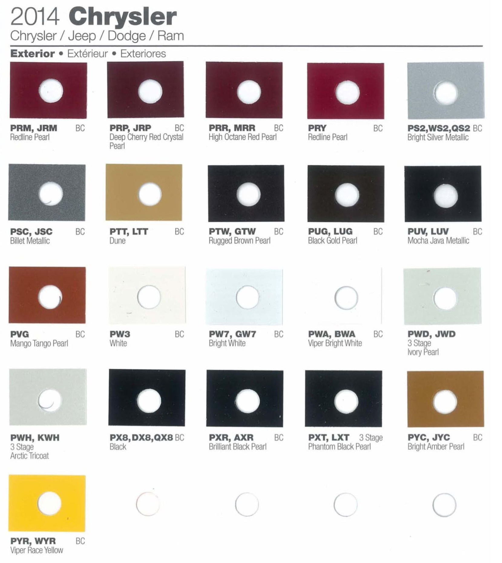 Chrysler Paint (Color) Code Chart For Exterior Vehicles