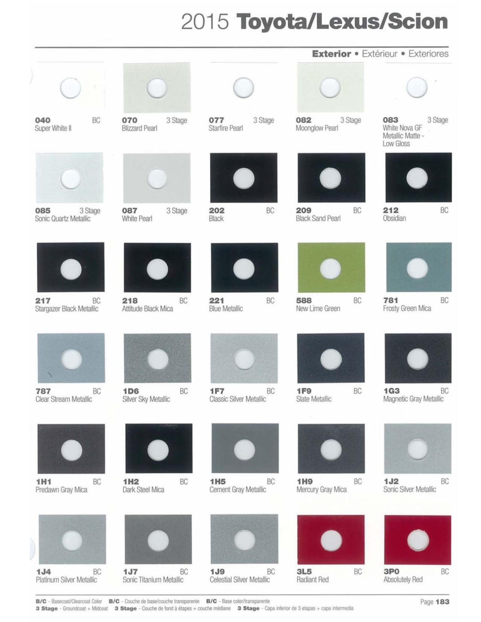 Toyoto / Lexus Paint Code and Color Chart