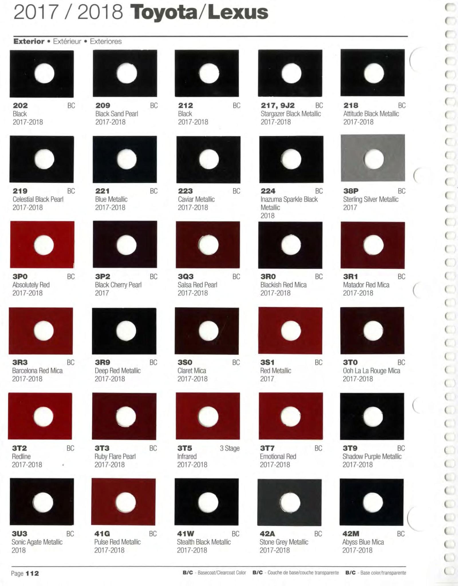 Toyoto / Lexus Paint Code and Color Chart