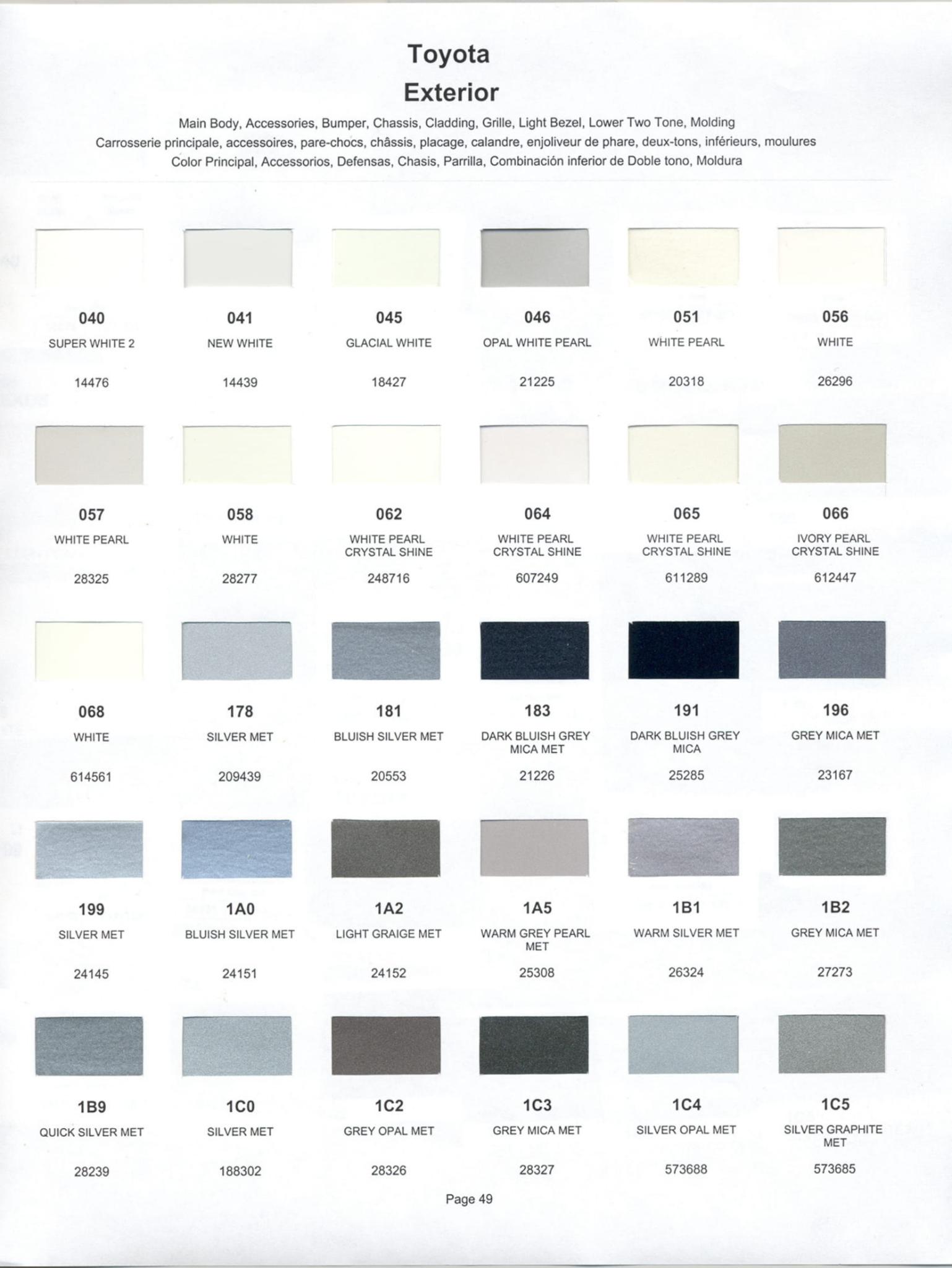 Toyoto / Lexus Paint Code and Color Chart