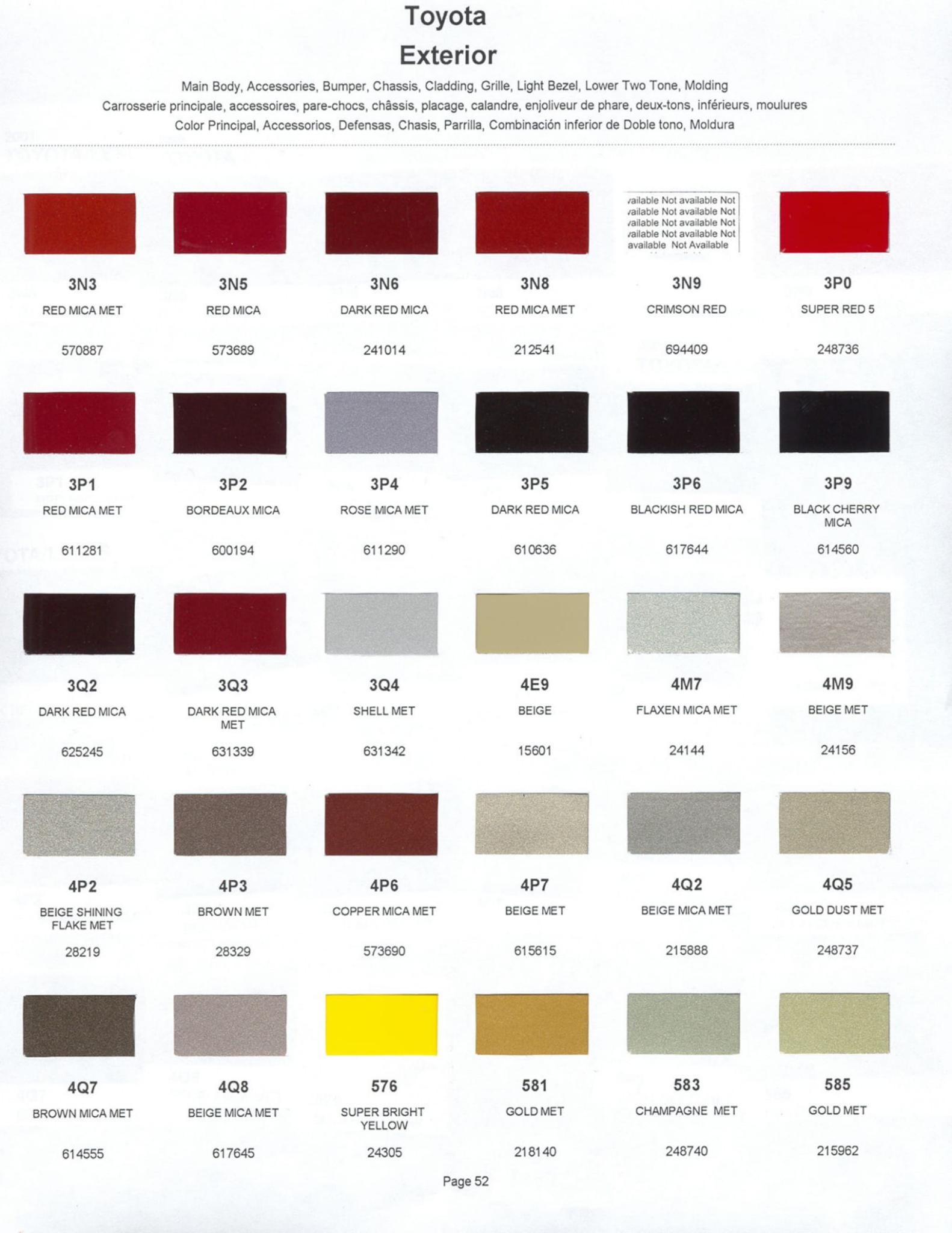 2001 Toyota, Lexus Paint Codes & Color Chart Toyoto / Lexus Paint Code and Color Chart