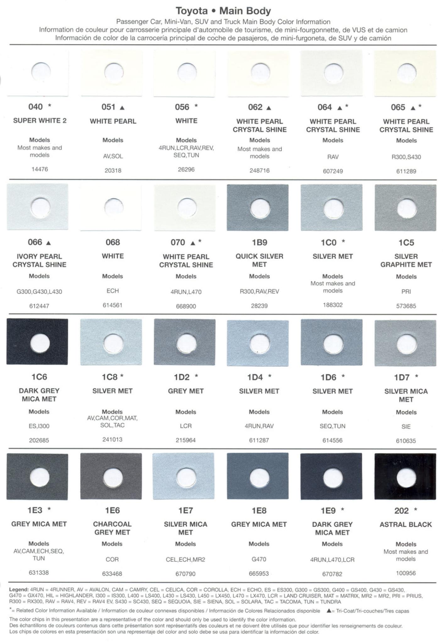 2003 Toyota, Lexus Paint Codes & Color Chart Toyoto / Lexus Paint Code and Color Chart