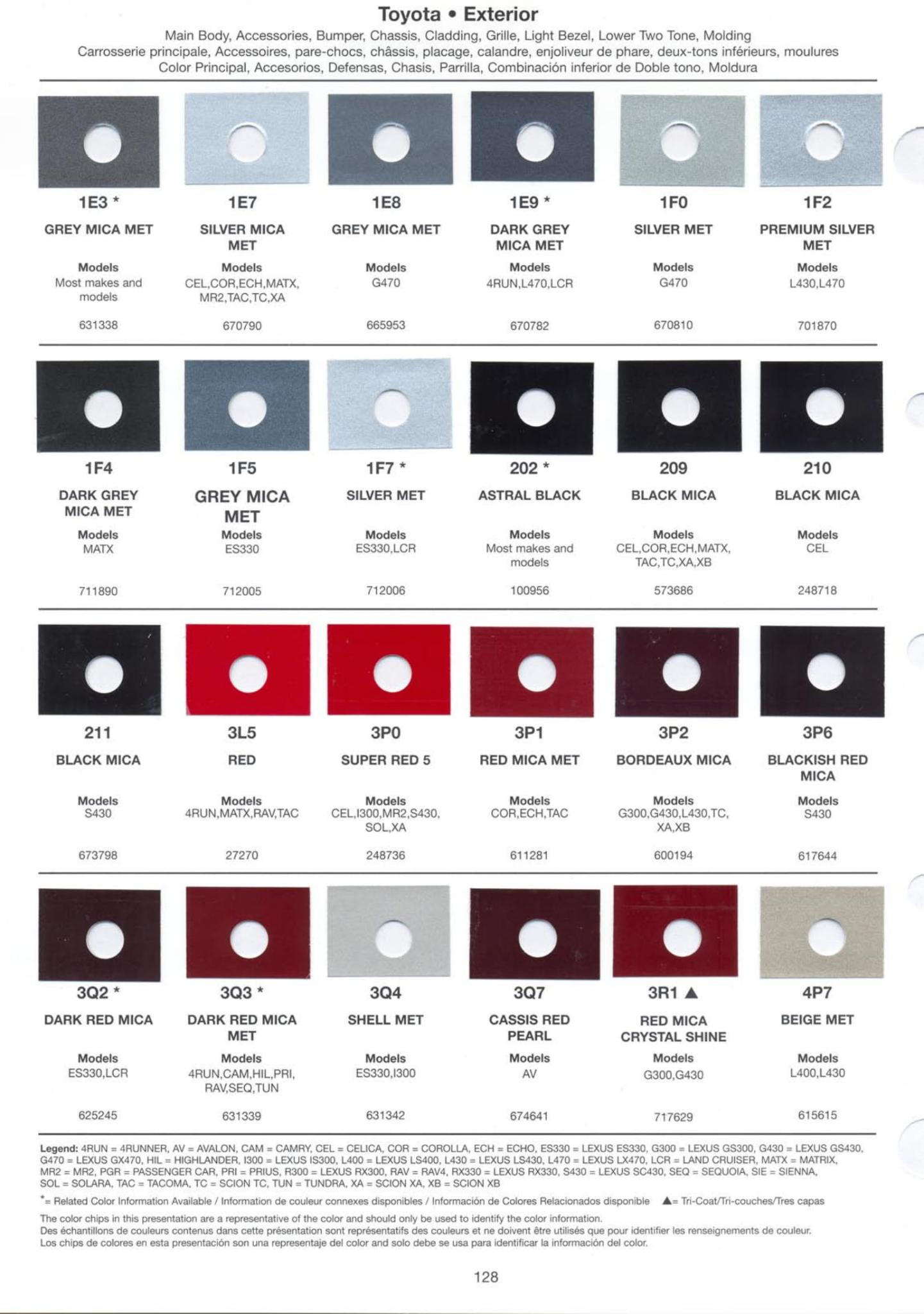 Toyoto / Lexus Paint Code and Color Chart