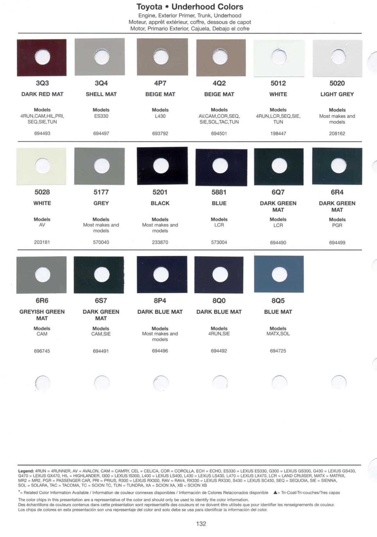 2005 Toyota, Lexus and Scion Paint Codes & Color Chart