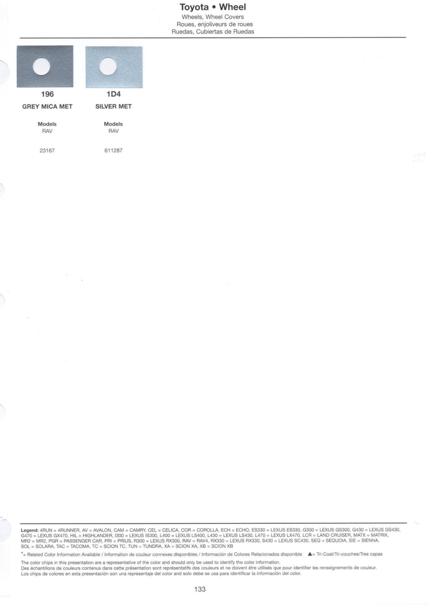 2005 Toyota, Lexus and Scion Paint Codes & Color Chart
